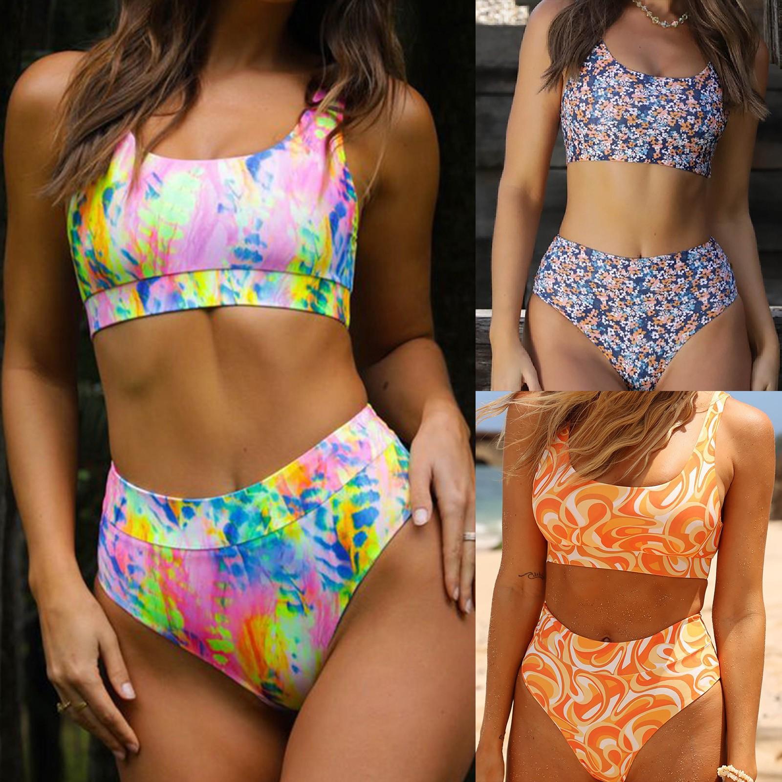 

Women s Solid Colours High-Breasted Straps Bikini Set Split Swimsuit M помаранчевий