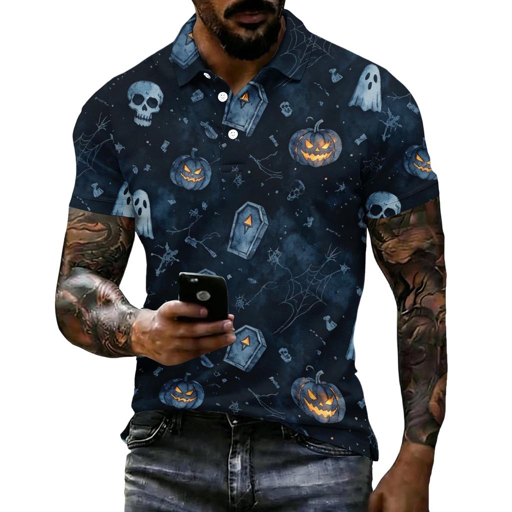 Herren Halloween Print Kurzarm Poloshirt Lockerer Schnitt Lässig Sommer Tägliches Tragen Hemdkragen mit Knöpfen
