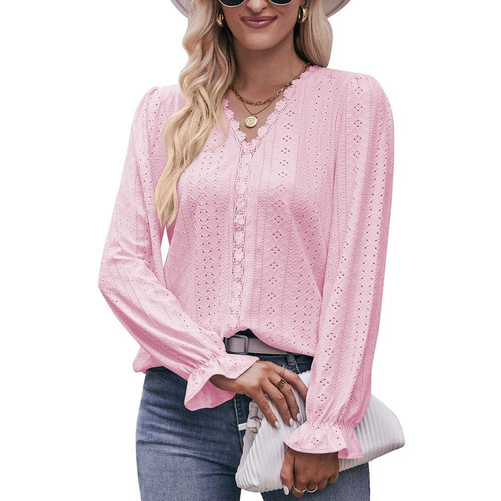 Spring and Autumn Women's Solid Colour Hole Lace V-Neck Long Sleeve Top