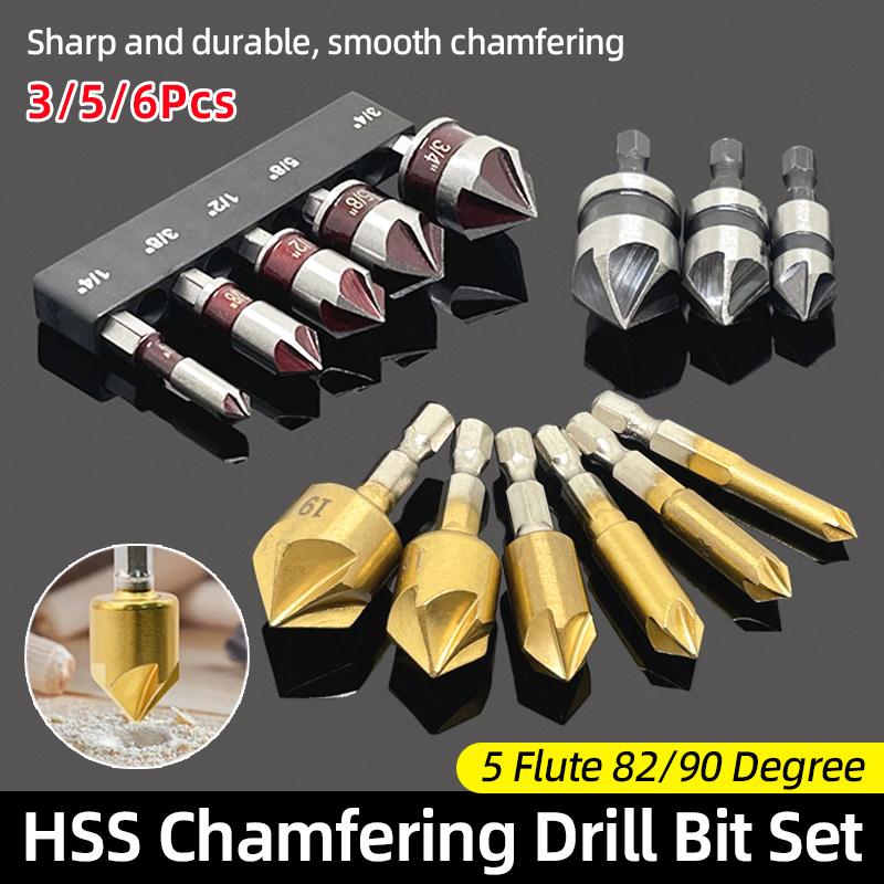 HSS Titanium Countersink Drill Bit Set Chamfer 1/4"Hex Taper Hole Cutter Wood Metal Countersunk Bit Deburring Chamfering Tool