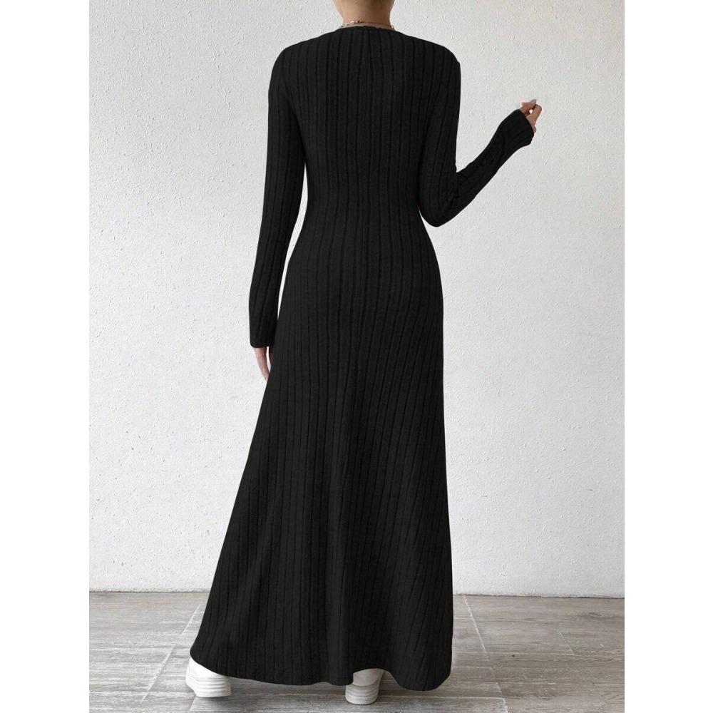Fashion Slim A-line Maxi Dress for Women Autumn Winter Solid V-neck Bodycon Dress Long Sleeve Elastic Knitted Wedding Dresses