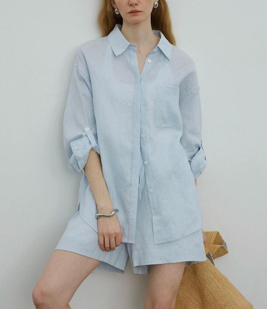 Leinen Oversize Hemd und Shorts Set - Weiß, Lässiger Sommerstil