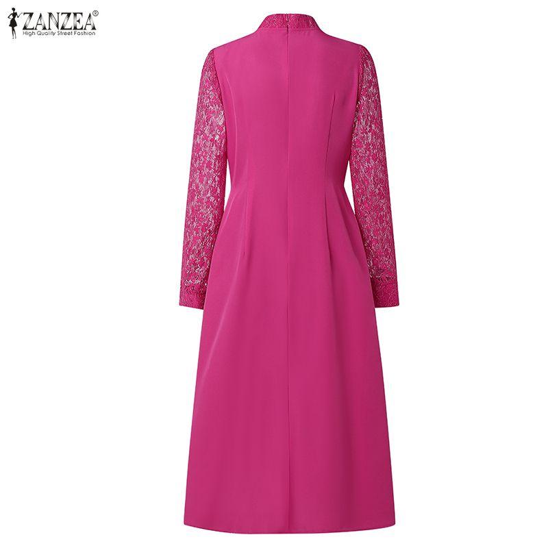 ZANZEA Women Elegant Lace Patchwork Casual Stand Collar Long Sleeve Dress