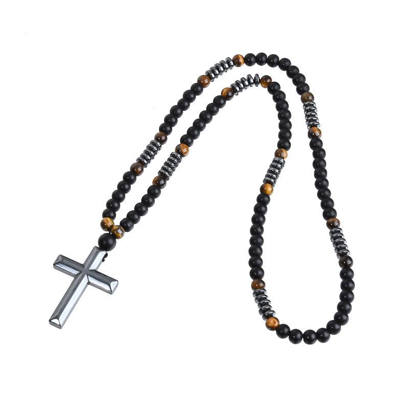 Cross-border New Black Frosted Yellow tiger Eye Vintage Agate Bamboo Men s Long Cross Necklace Sweater Chain