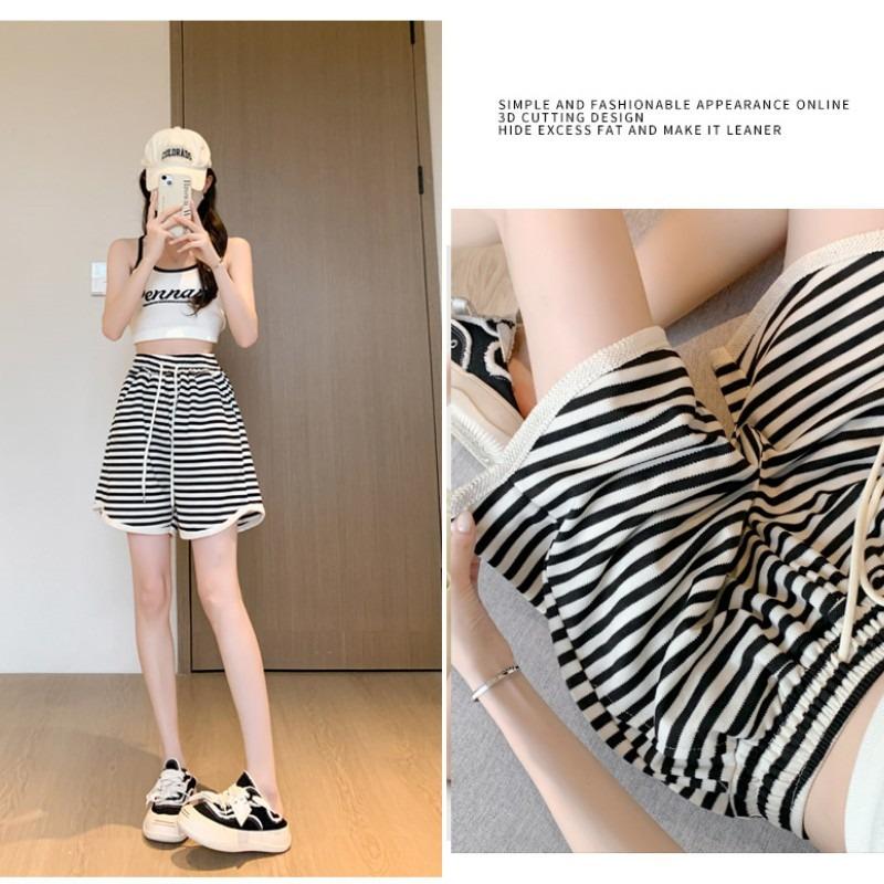 Striped Sports Shorts for Women's Outer Wear Summer Thin New High-waisted and Thin Loose Five-point Wide-leg Casual Pants