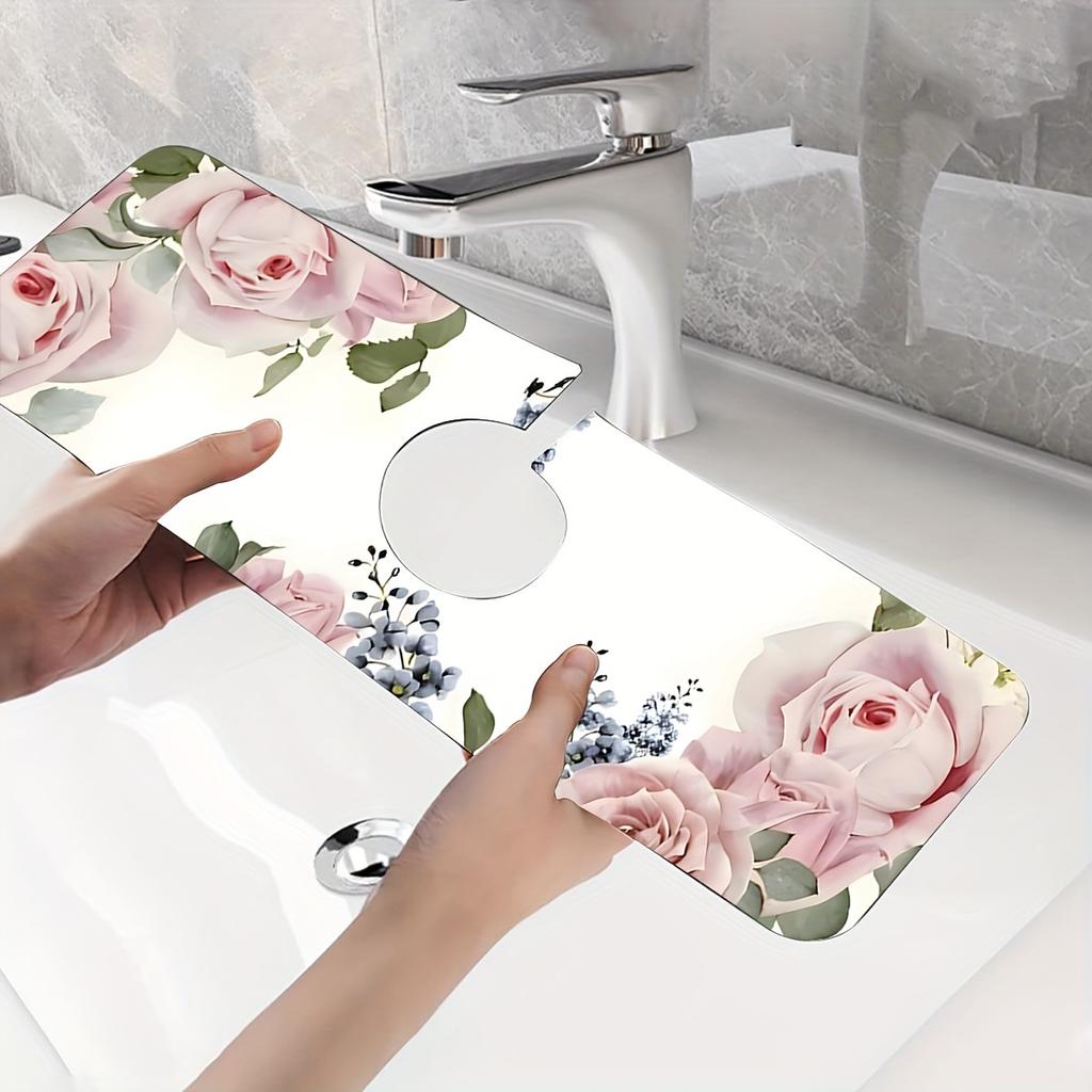 1Pcs Floral Sink Faucet Absorbent Mat, Drainage Pad, Kitchen, Bathroom Sink, Countertop, Drain Pad, Diatomaceous Mud Washbasin, Quick Drying Pad