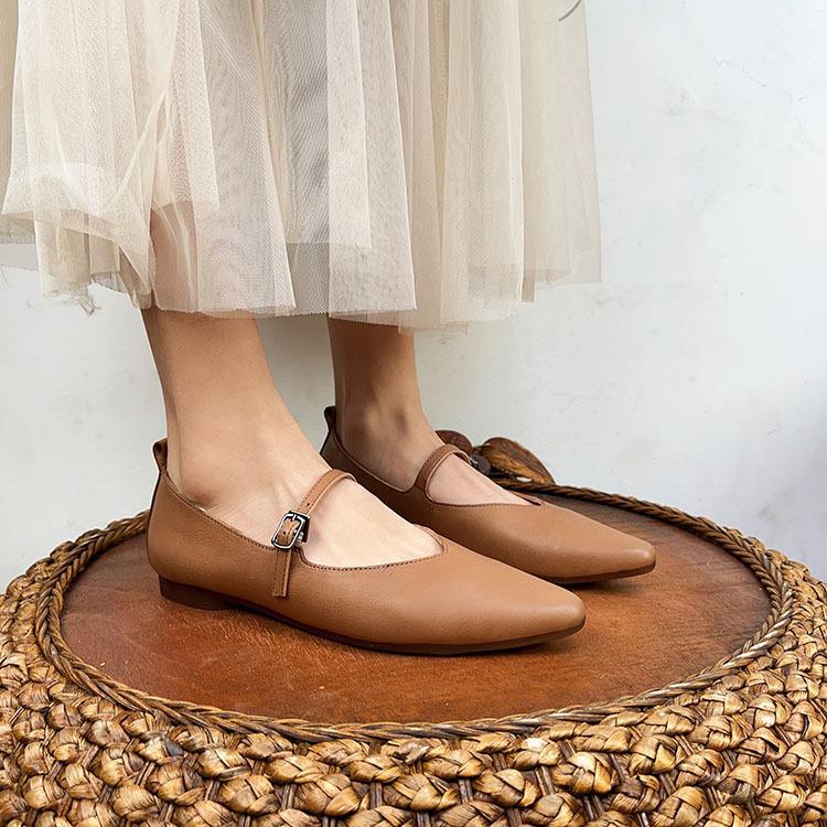 Johnature Vår Høst Retro Spenne Stropp Grunn Myk Uformell spiss Loafers Kvinner Ekte Skinn Flats Sko