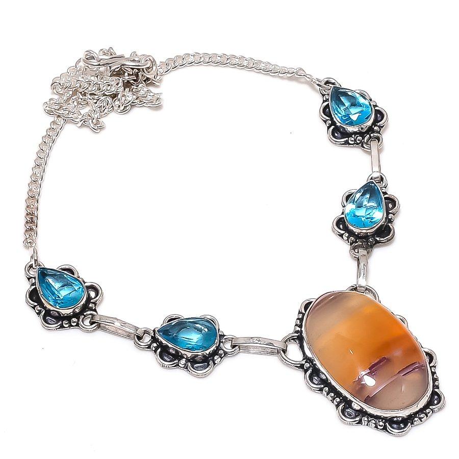 Natural Orange Lace Agate, Topaz 925 Sterling Silver Jewelry Necklace 18" s8D60