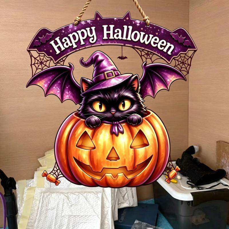 Seasonal Halloween Door Sign Wood Wall Plaque with Rope Cord, Greeting Accent for Entryway Porch Window and Party Display Styling Use