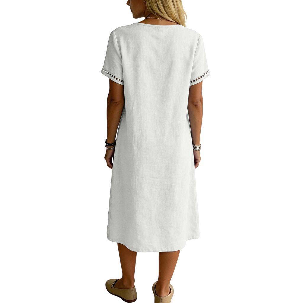 Fashionable Women's Round Neck Short Sleeved Lace Patchwork Cotton And Linen Dress