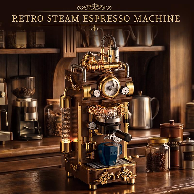 Creative Retro Steam Coffee Machine Building Blocks Classic Punk Espresso Machine With Light MOC Bricks Home Decoration Toy Gift