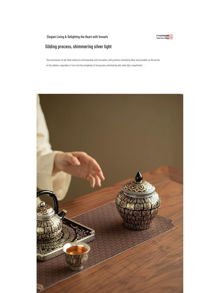 Ten Thousand Buddhas Gilded Silver Ceramic Tea Canister - Airtight Jar with Extra Large Capacity for Green, Black, and White Tea Storage.