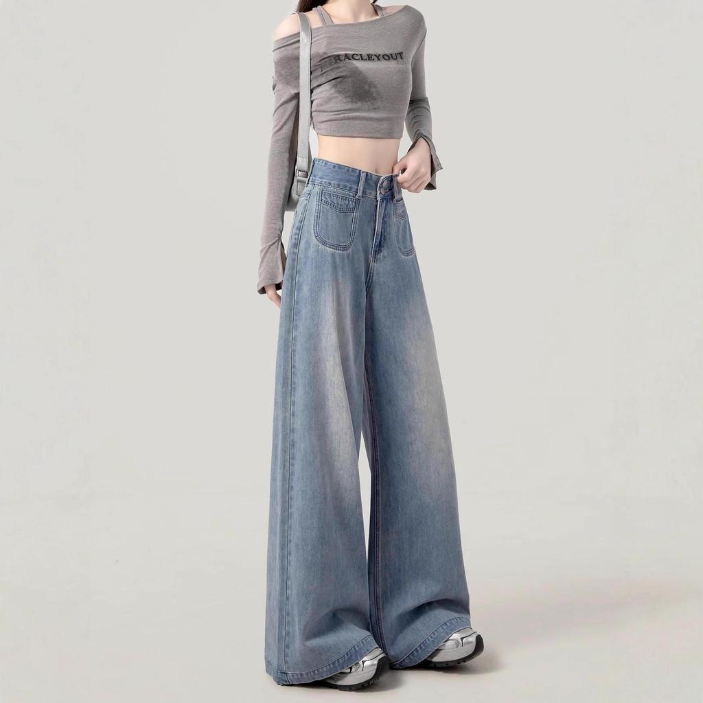 Dámské džíny s vysokým pasem a širokými nohavicemi, Léto 2025 - Světlá barva, Nadměrná velikost, Zeštíhlující, Délka až na zem, Design pro postavu ve tvaru hrušky.