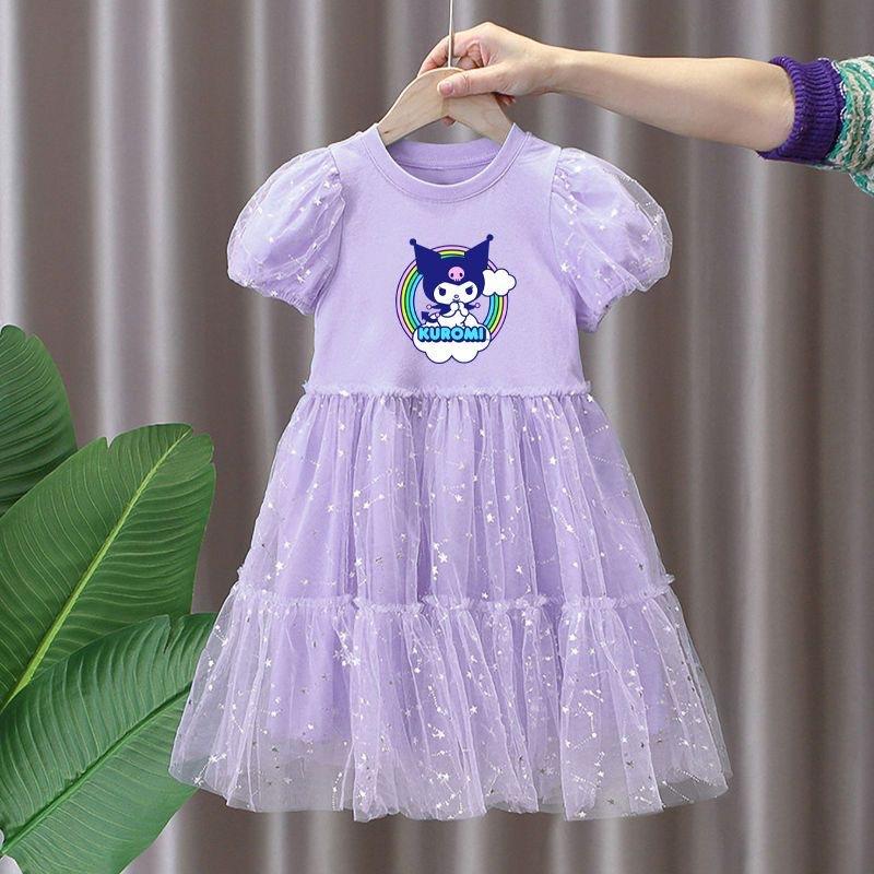 Sanrio Летнее однотонное хлопковое платье для девочек, детская одежда с принтом Куроми, короткий рукав, мультяшные милые платья принцессы 110 white