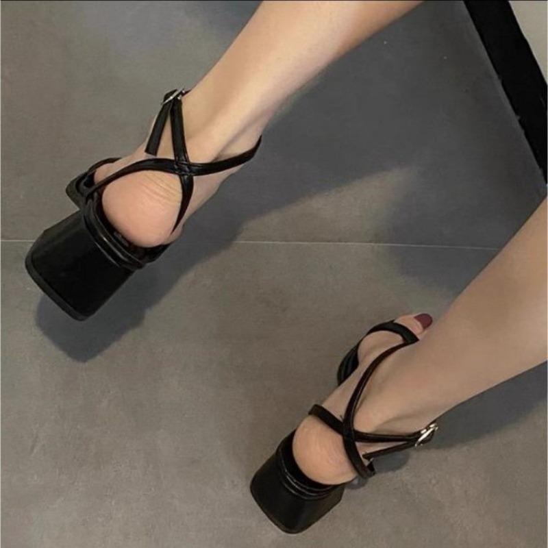 Fashion French Sandals Female Summer Square Toe Pink Thick High Heels Temperament Women Sandals New 2025 Ankle Buckle Sandales Femmes