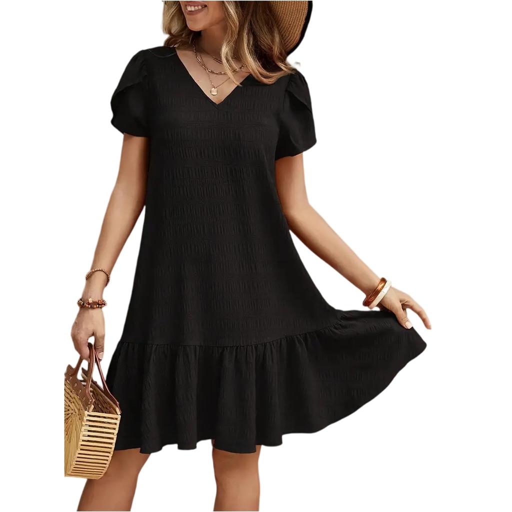 Fashionable Women's V-neck Color Loose Dress Casual Short Sleeved Dress