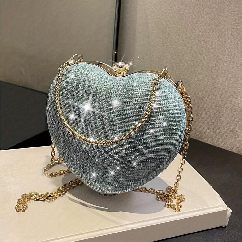 Mini Heart Shaped Prom Purse, Glitter Chain Crossbody Bag, Women's Box Handbag For Wedding & Party For Carnaval Use
