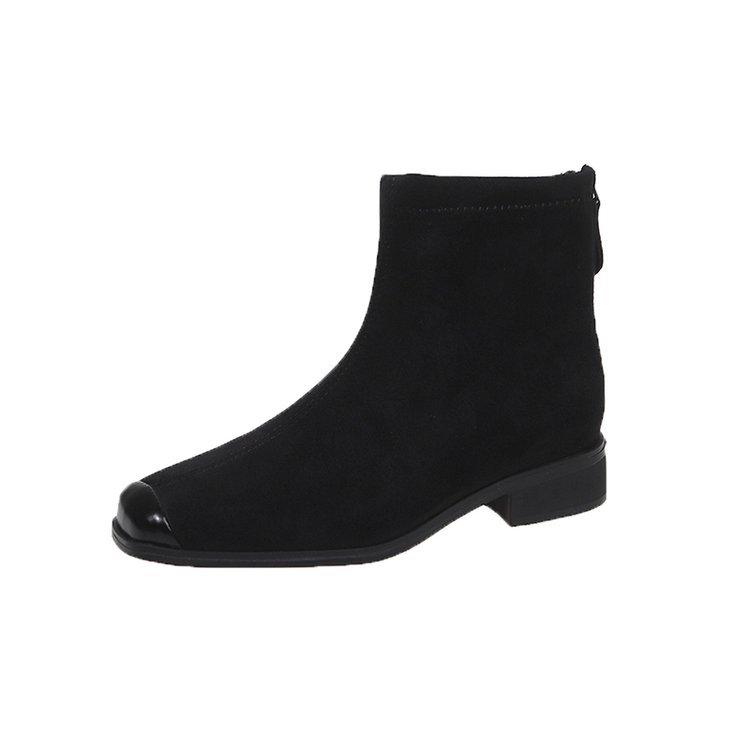 

Женские короткие ботинки на скрытой платформе с квадратным носком, новые модели осень-зима 2025, модные универсальные замшевые ботильоны в европейском и американском стиле на танкетке 35 чёрный