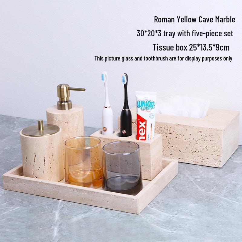 Badezimmerset aus gelbem Marmor im chinesischen Stil: Tablett, Aromatherapie-Ornament, Handseifenspender & Taschentuchbox.