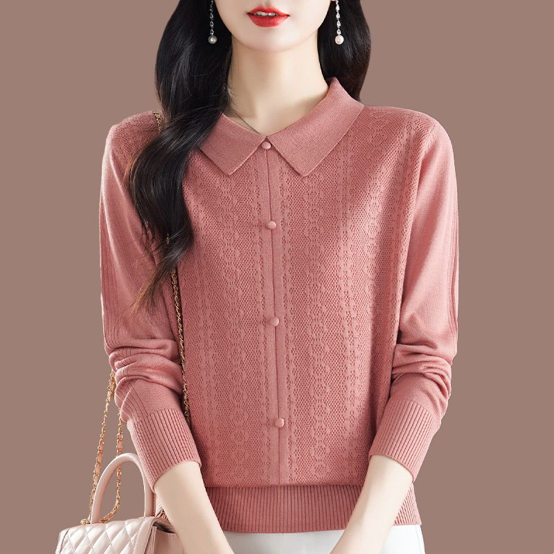 Long Sleeve Shirt Women's Loose Autumn Clothing Thin Top Lapel Knitted Bottom Shirt