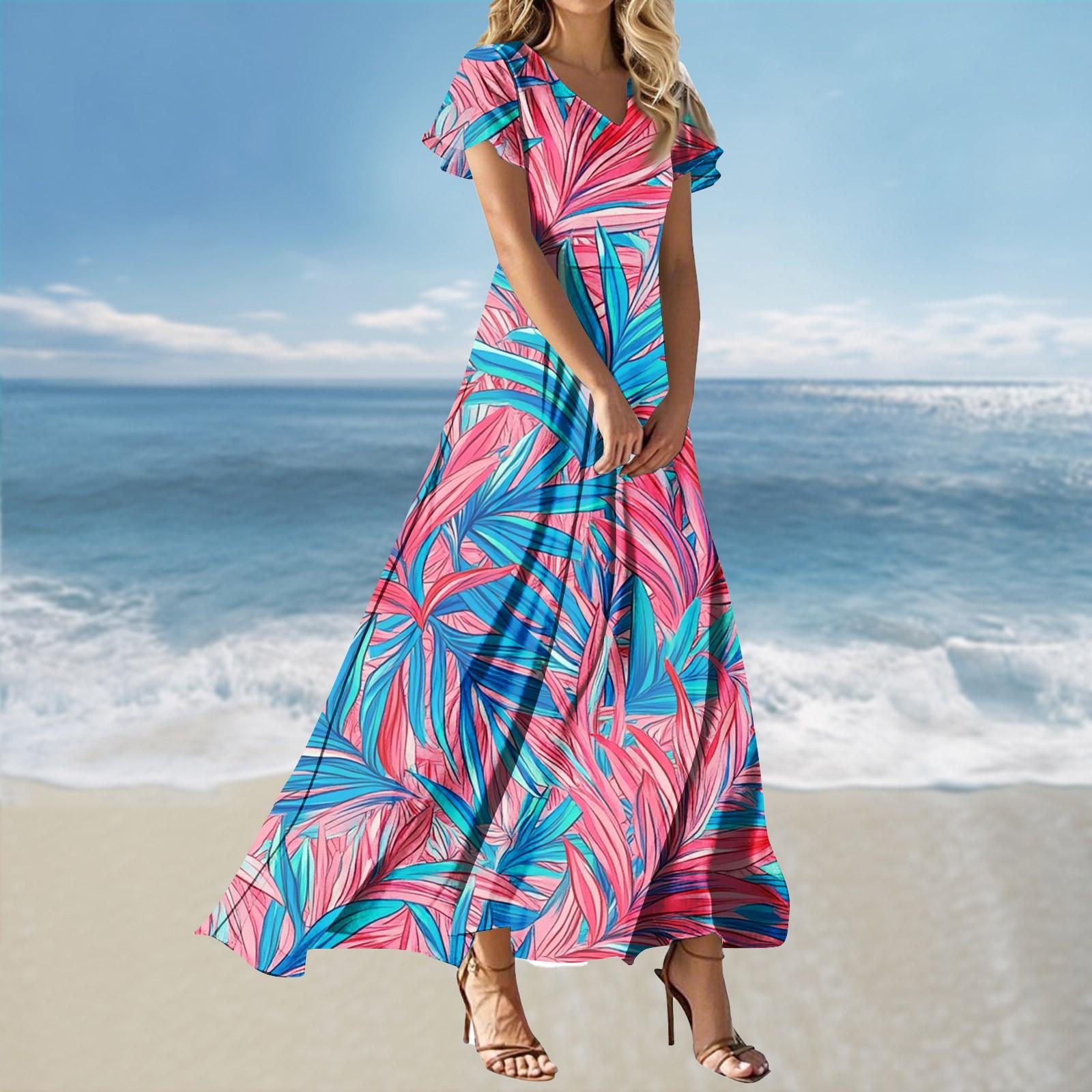 Women s Summer Bohemian Maxi Dress V-Neck Short Sleeve Floral Print Beach Long Dress for Casual Vacation Wear XL