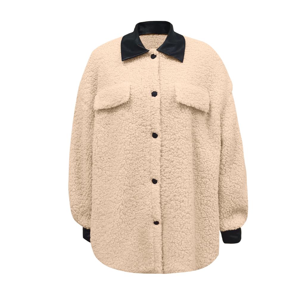 Women's  And Winter Loose Solid Color Stitching Long-sleeved Lapel Lambskin Single-breasted Warm Jacket Coat