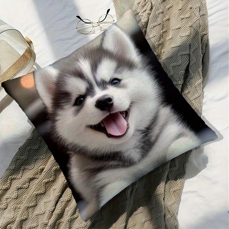 Cute Husky Puppy Print Throw Pillow Cover Realistic Smiling Siberian Husky Themed Cushion Case For Pet Lovers Home Couch Decor