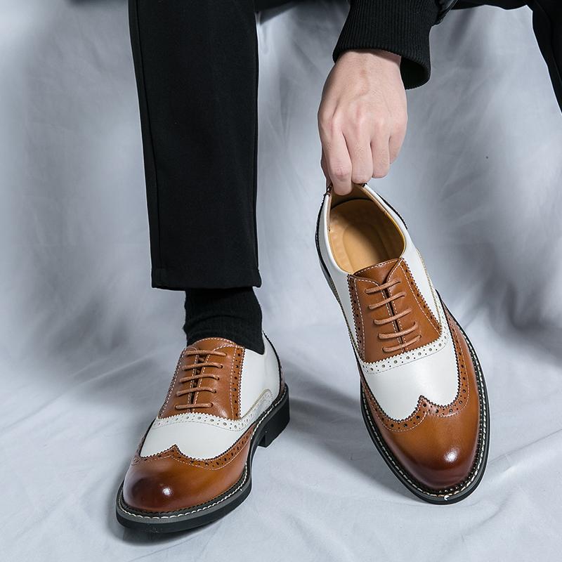 FashionMen's Business Leather Shoes lace up oxfords British Brown Pointed Business Casual Leather Shoes Men Dress Wedding Shoes