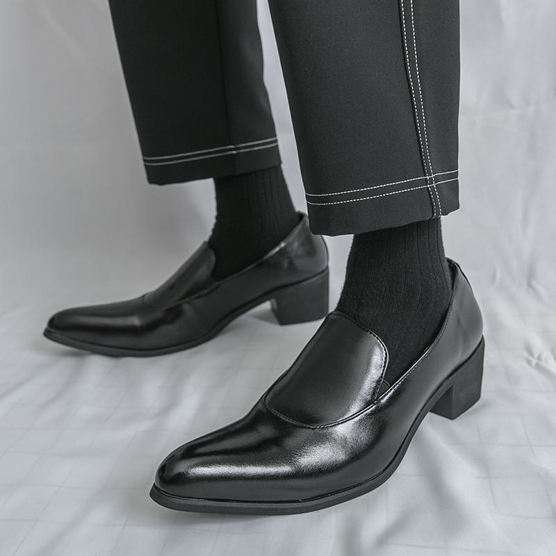 Men Loafers Leather Individuality Formal Business Shoes Pointed Toe Heel Wedding Dress Prom Shoes Over Sized