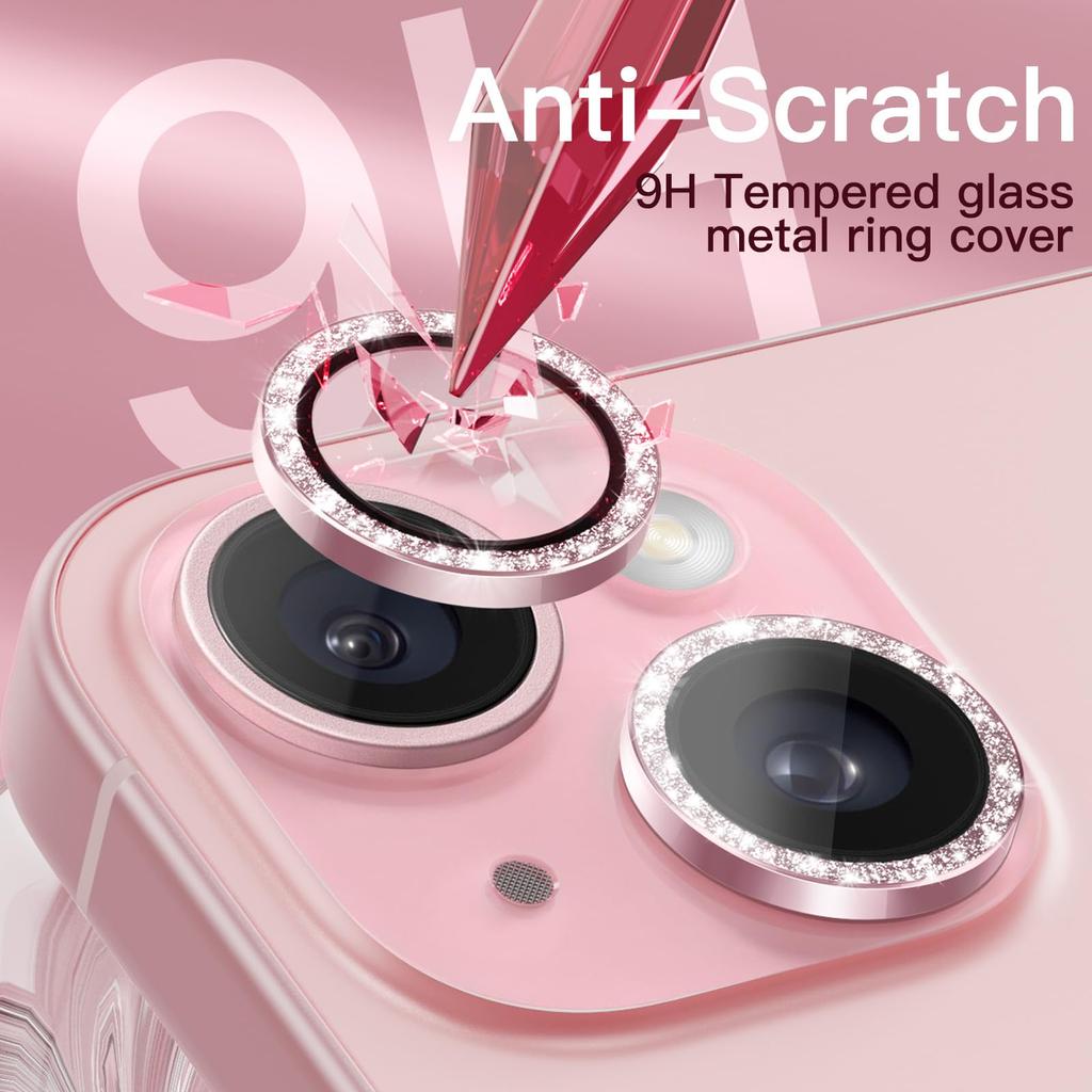 JEDirect iPhone 15 15 Plus Inch Camera Lens Film Glitter Shiny Individual 9H Tempered Glass Metal Ring Cover HD Clear 1 Set 6.1 inch/iPhone 6.7 (Pink)