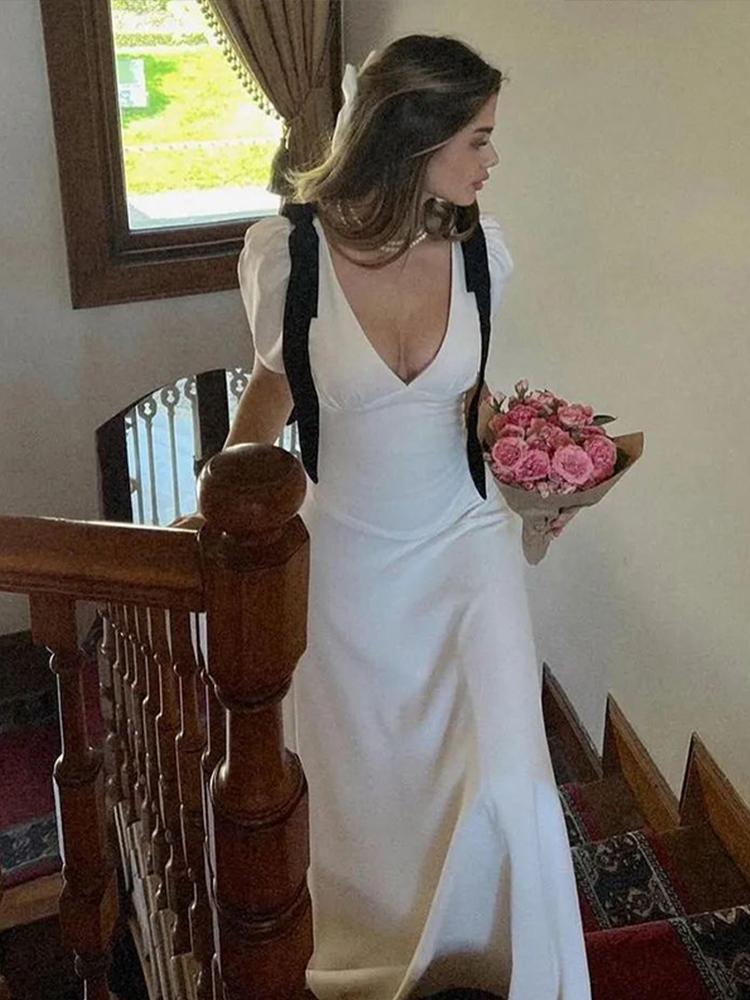 Bogen Patchwork V-Ausschnitt Kurzarm Damenkleid Sommer Party A-Linie Damen Lange Robe