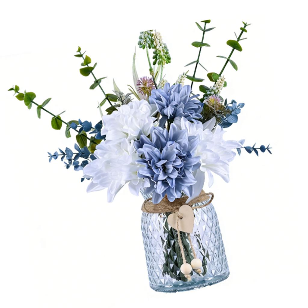 Artificial Flowers with Glass Vase Anti Wilting Anti Fading Realistic Faux Roses for Home Living Room Decor White Blue