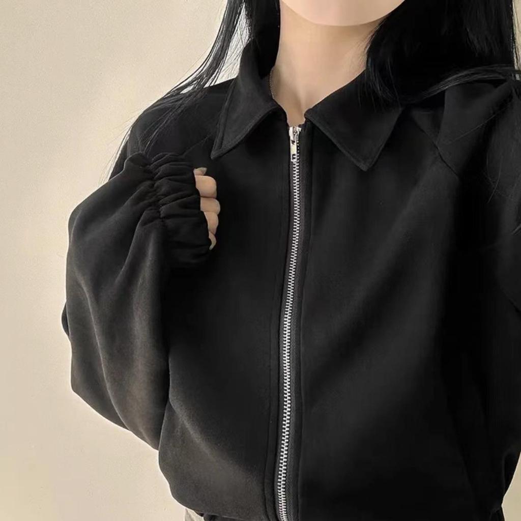Korean Chic Autumn Retro Faux Suede Stand-Up Collar Zip-Up Jacket for Women