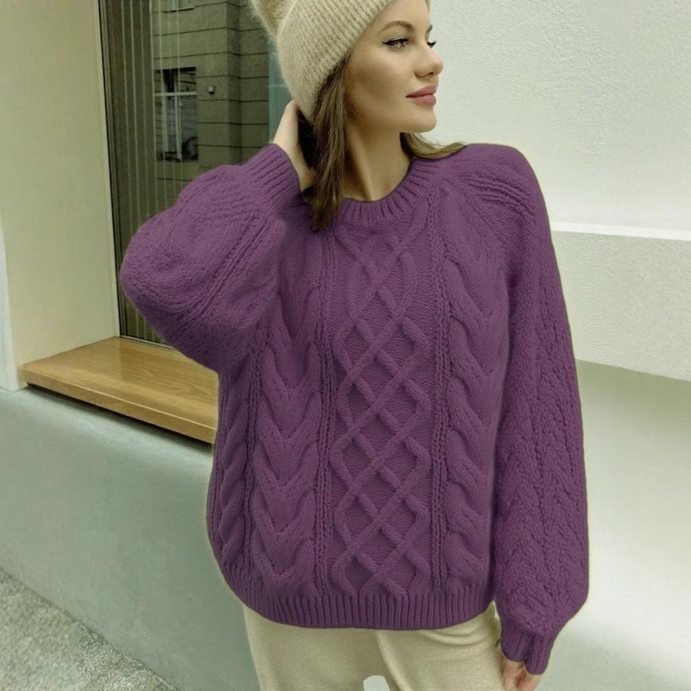 2026 sweater women's crew neck twist pullover autumn and winter lazy wind loose thickened twisted knitted sweater foreign trade women