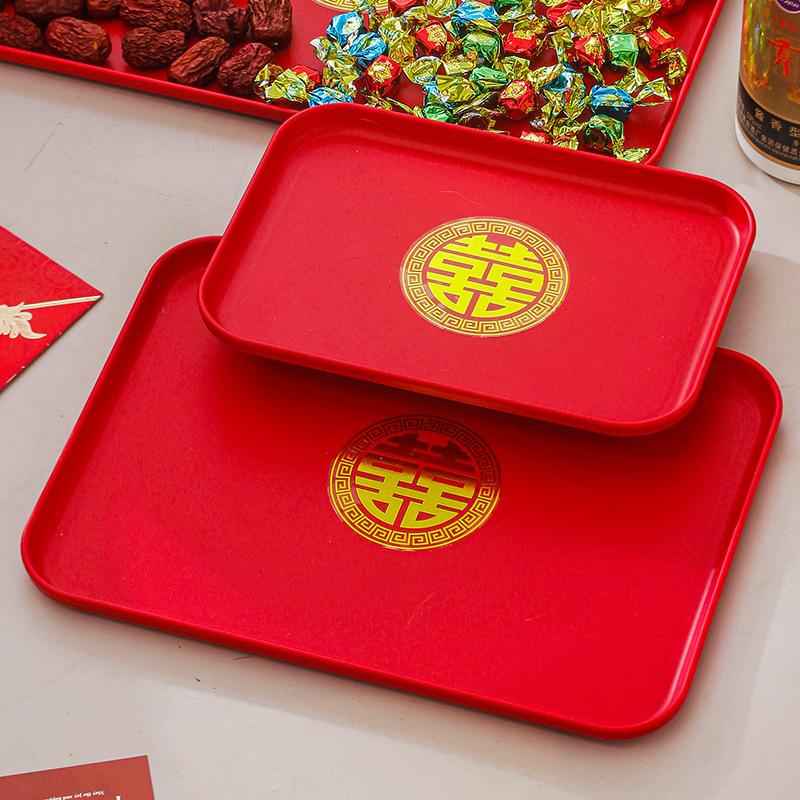 Fruit Plate Wedding Red Toast Tea Tray Red Plate Rectangular Tray Plastic Housewarming New Home Festive Wedding Plate