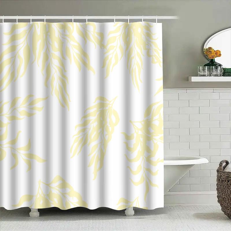 White Shower Curtain With Leaf Print Bath Decor For Home Use