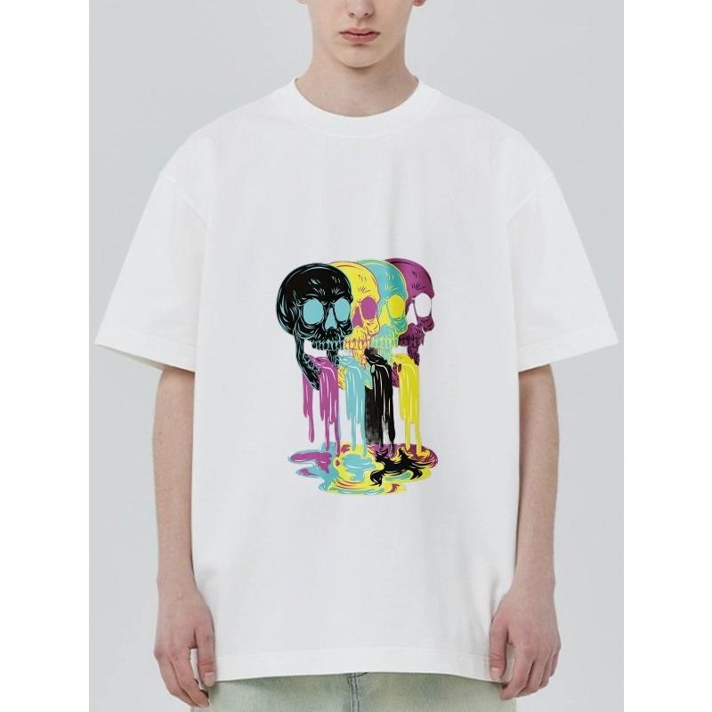 

Black T Shirt with Colorful Skulls Dripping Paint Design for Casual Wear XXXXL білий