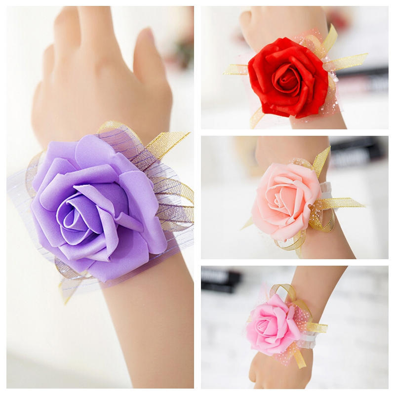 Bridesmaid Wrist Corsage Wedding Party Rose Bracelet Silk Flowers Ribbon