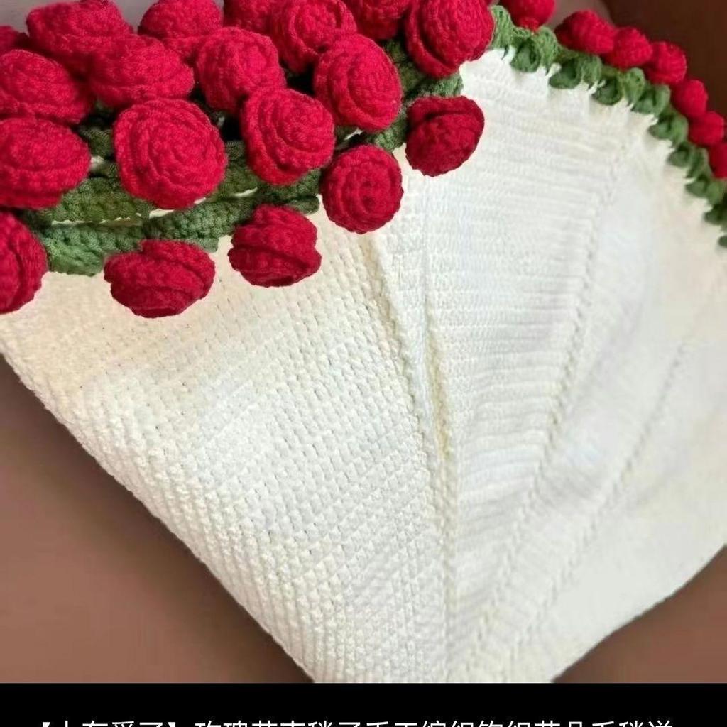 Handmade Knitted Rose Bouquet Round Crochet Flower Blanket