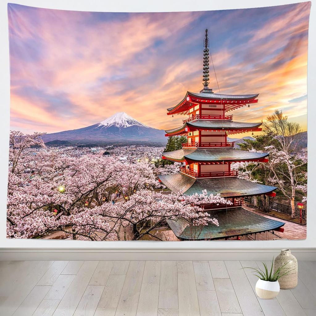 Japanese Pink Sakura Tapestry Cherry Blossoms Mountain Fuji Japan Wall Hangings Tapestry for Bedroom Living Room Dorm Home Decor