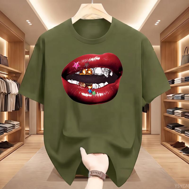 American Personalized Lip Pattern Pure Cotton Printed Unisexs And Unisexs Clothing Summer New Casual Loose Fashion Tshirt