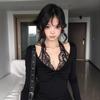 American fake two-piece lace splicing long-sleeved T-shirt women's early spring kink neck v-neck slim-fitting and thin Spice Girl top
