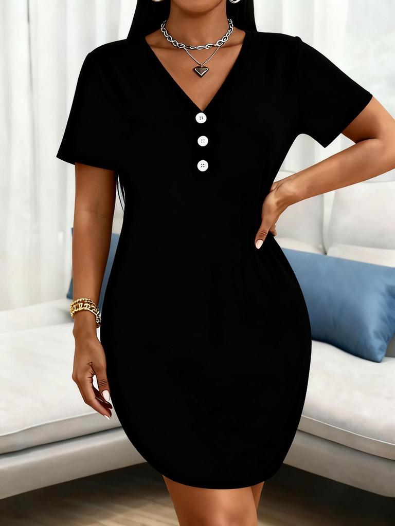 Plus Size Solid Color V-Neck Button Summer Dress for Europe & America