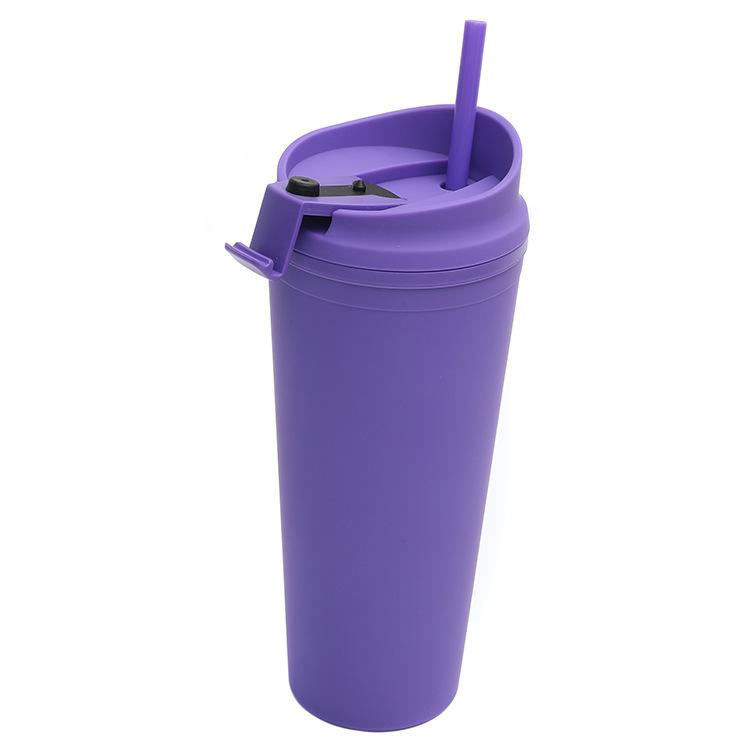 24oz Large Capacity Double-Layer Plastic Straw Cup Portable Flip-Top Lid Outdoor Frosted Design Direct Drinking for