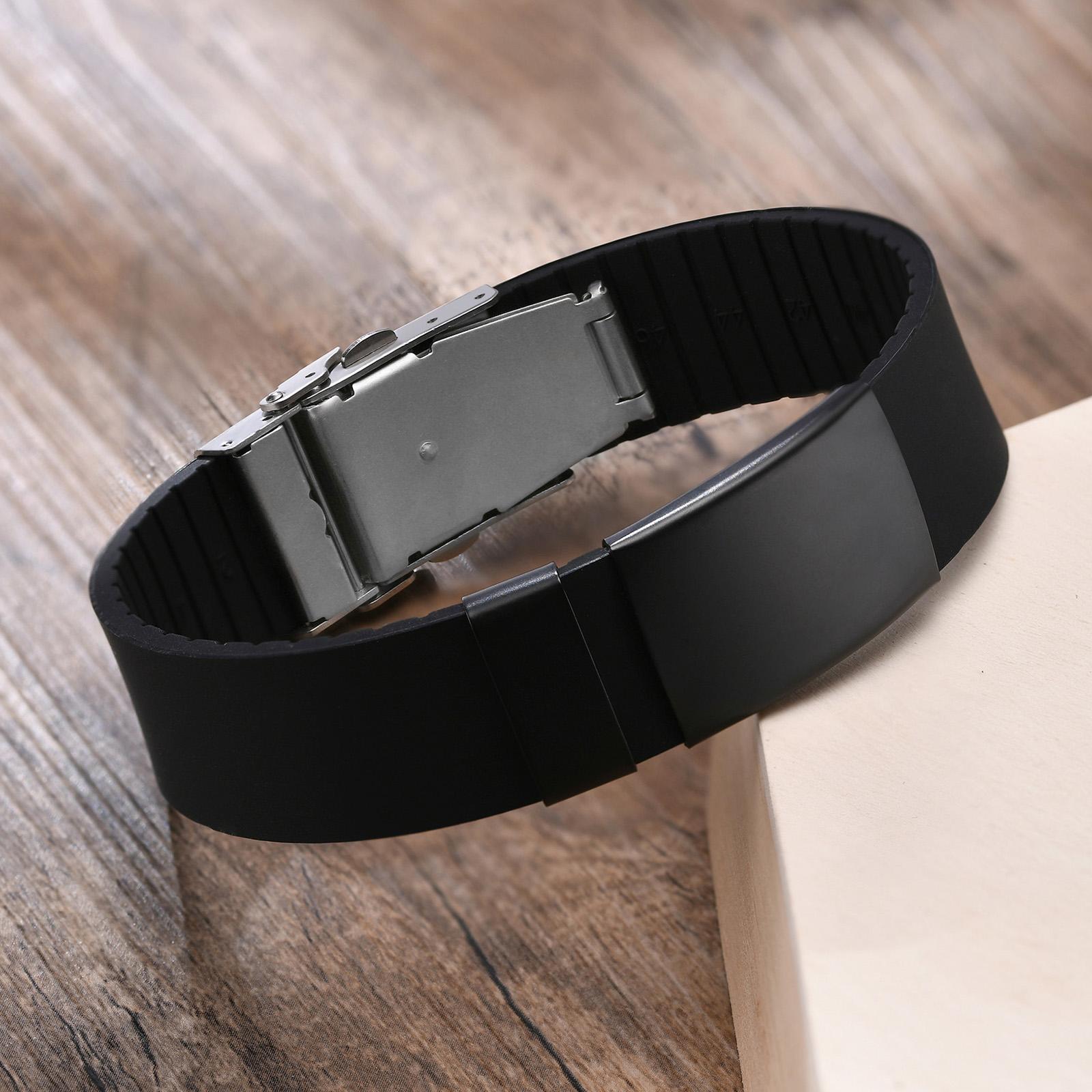 Vnox Custom Engrave ID Bracelets for Men Women,Casual Silicone Wristband with Stainless Steel Medical Logo Tag,Length Adjustable No Words