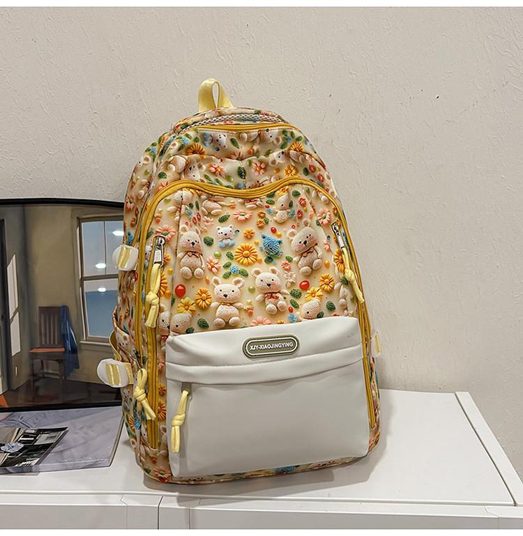 Large Student Capacity Backpack With Bear And Flower Print Design Daily For