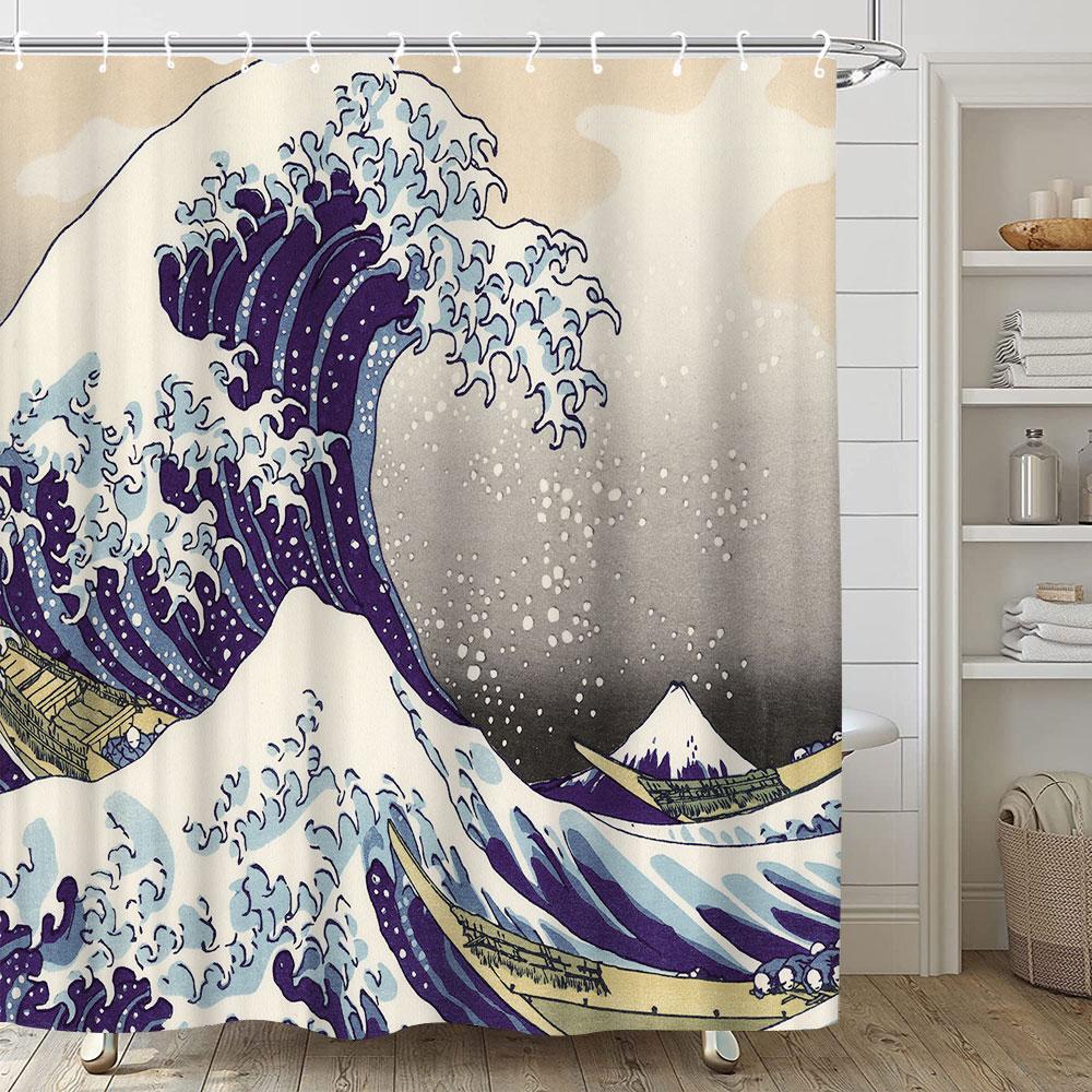 Japanese Style Series Ukiyoe Shower Curtain Ocean Waves Waterproof Curtains Polyester Printing Bathroom Decor Partition Screen