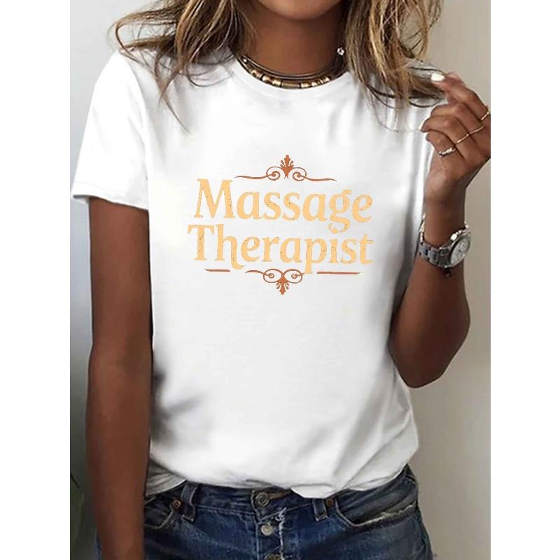 Europäische Größe Massage Therapeut Vintage Stil Druck T-Shirt, kurzärmliges Rundhals lässiges Oberteil für Sommer & Frühling, Damenbekleidung