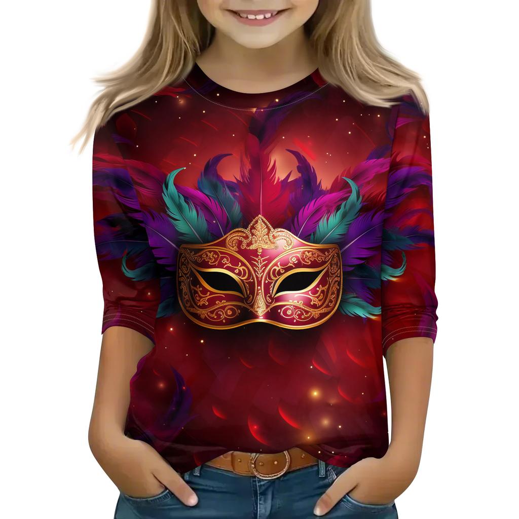 Print Tops For Youth Girls Round Neck 3/4 Sleeves T-Shirts Trendy Tops Outfit Tees