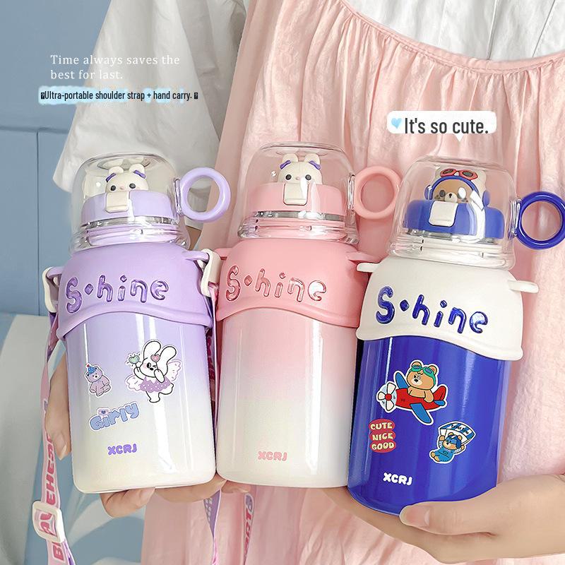 Compact Cartoon Kids' Stainless Steel Straw Thermos - Dual-Drink Design for Tea or Water